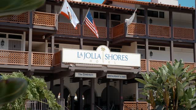 The downtown streets, palm trees and the buildings at La Jolla Shores.