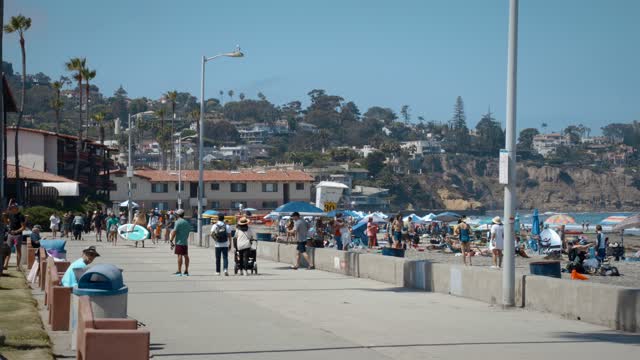 The beach, palm trees and the ocean at La Jolla Shores, with people walking.