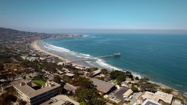 Aerial view of the beach, the pier and the ocean at La Jolla Shores.