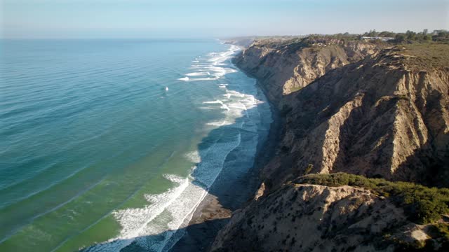Aerial view of the cliffs, the surf and the ocean at Black’s Beach.