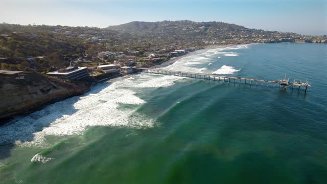 Aerial view of the beach, the surf and the pier at La Jolla Shores.