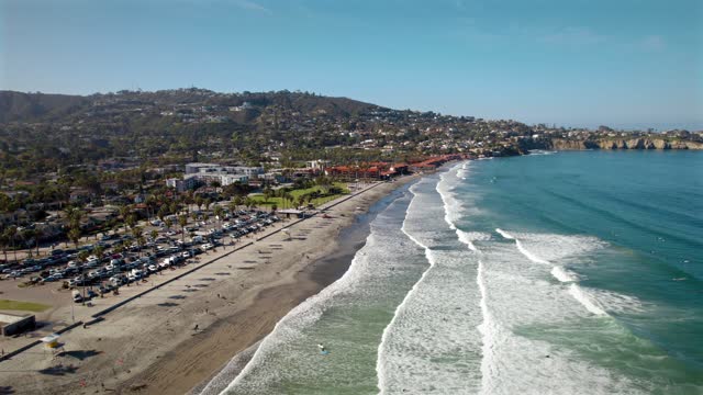 Aerial view of the beach, the surf and palm trees at La Jolla Shores.