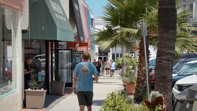The downtown streets, palm trees and the buildings at La Jolla Village, with people walking.