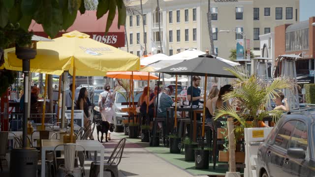 The downtown streets, wildlife and palm trees at La Jolla Village, with people eating outside.