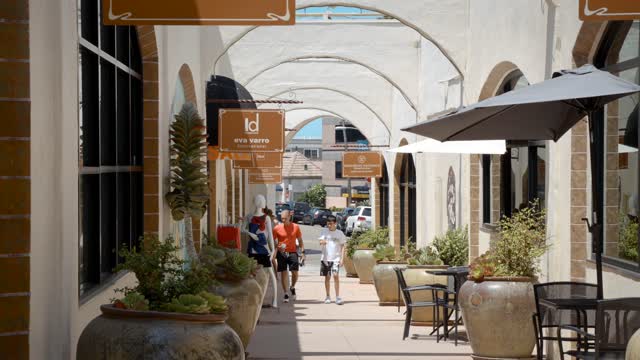 The downtown streets, the buildings and the city at La Jolla Village, with people walking.