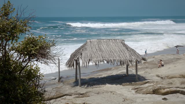 Elevated view of the beach, the surf and the ocean at Windansea, with people walking.