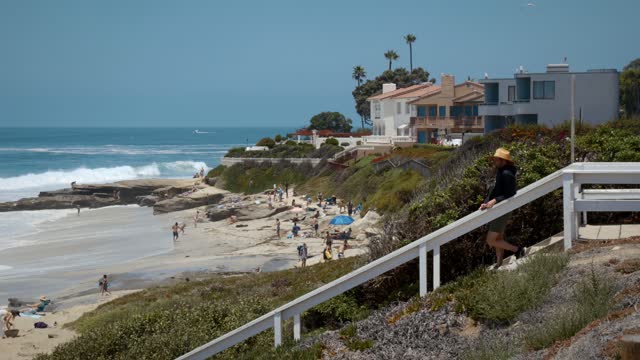 Elevated view of the beach, the surf and palm trees at Windansea, with people walking.