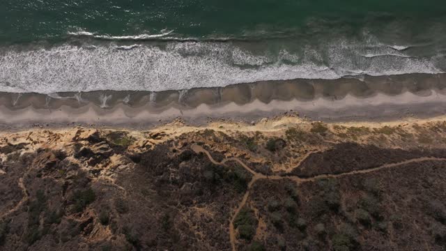 Aerial view of the cliffs, the surf and the ocean at Torrey Pines.