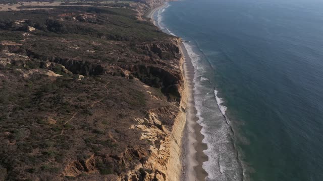Aerial view of the cliffs, the surf and the ocean at Torrey Pines.