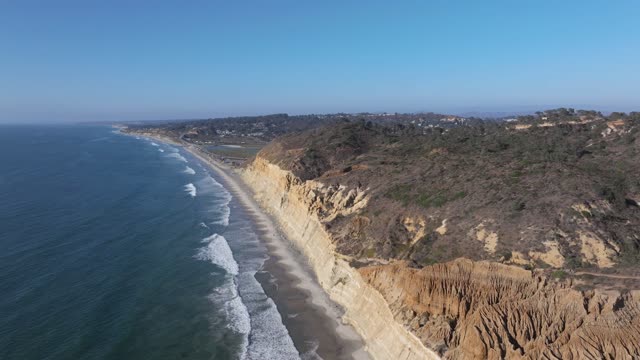 Aerial view of the cliffs, the surf and the ocean at Torrey Pines.