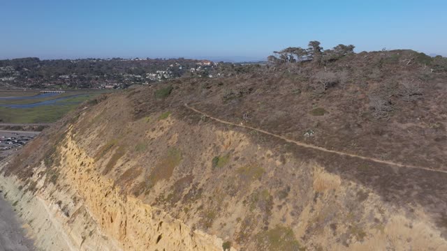 Low aerial view of the cliffs, homes and open country at Torrey Pines, with people walking.