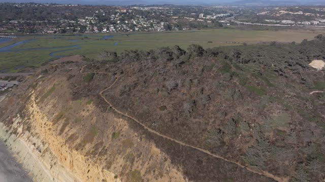 Aerial view of the cliffs, homes and open country at Torrey Pines.