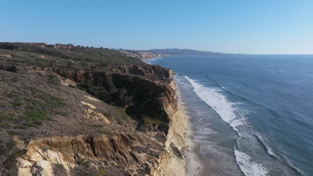 Aerial view of the cliffs, the surf and the ocean at Torrey Pines.