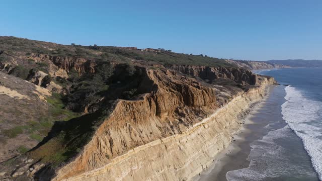 Aerial view of the cliffs, the surf and the ocean at Torrey Pines.
