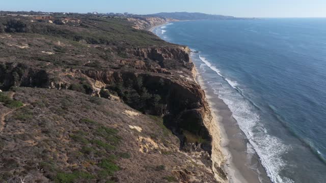 Aerial view of the cliffs, the ocean and the beach at Torrey Pines.
