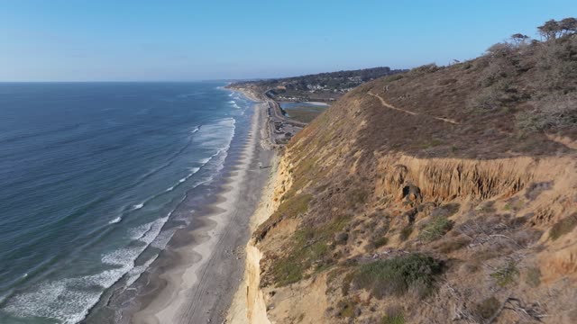 Aerial view of the cliffs, the surf and the ocean at Torrey Pines.