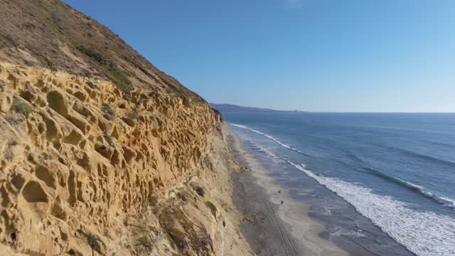 Low aerial view of the cliffs, the ocean and the beach at Torrey Pines, with people walking.