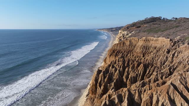Aerial view of the cliffs, the surf and the ocean at Torrey Pines, with people walking.