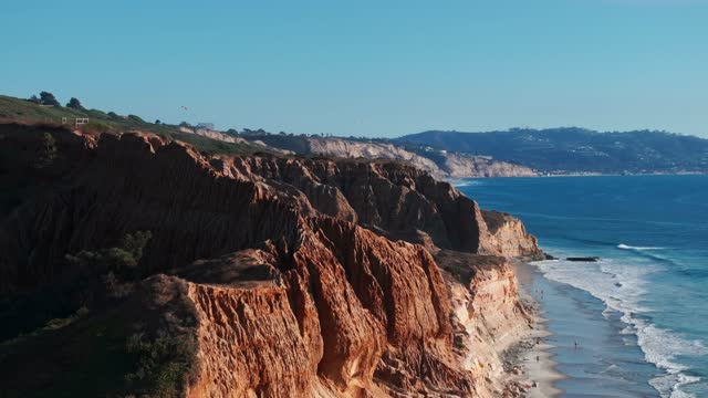 Aerial view of the cliffs, the surf and the ocean at Torrey Pines.