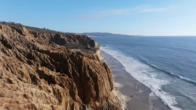 Aerial view of the cliffs, the surf and the ocean at Torrey Pines, with people walking.