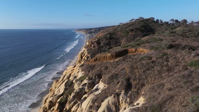 Aerial view of the cliffs, the surf and the ocean at Torrey Pines.
