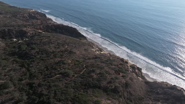 Aerial view of the cliffs, the surf and the ocean at Torrey Pines.
