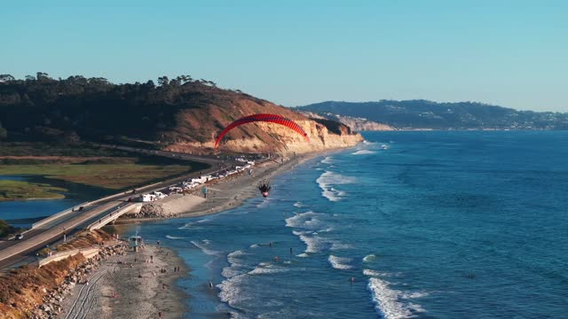 Aerial view of the cliffs, the surf and the bridge at Torrey Pines.