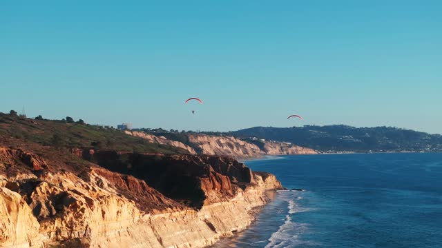 Aerial view of the cliffs, the surf and the ocean at Torrey Pines.