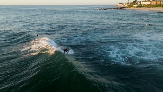 Low aerial view of the beach, the surf and the ocean at Beach Barber Tract, with surfers out.