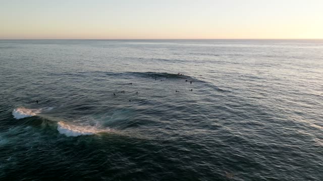 Low aerial view of the beach, the surf and the ocean at Beach Barber Tract, with surfers out.