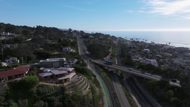 Aerial view of a residential street, the bridge and the ocean in Del Mar.