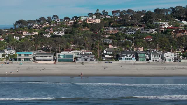 Low aerial view of the beach, palm trees and the ocean in Del Mar, with people walking.