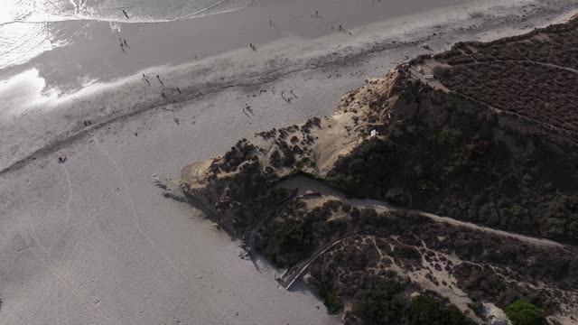Aerial view of the beach, the surf and the ocean at Del Mar Dog Beach, with people walking.