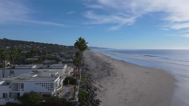 Low aerial view of the beach, palm trees and the ocean in Del Mar, with people walking.