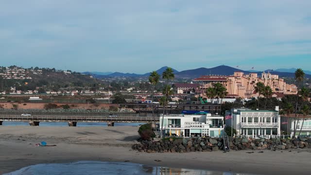 Low aerial view of the beach, the pier and palm trees in Del Mar.