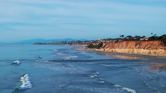 Low aerial view of the beach, the surf and palm trees at Del Mar Dog Beach, with people walking.