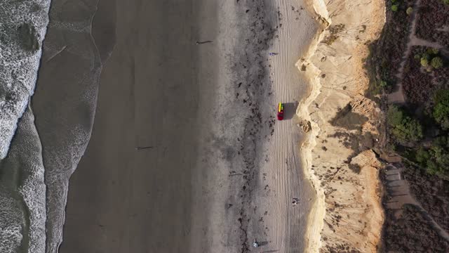 Aerial view of the beach, the surf and the ocean at Del Mar Dog Beach, with people walking.