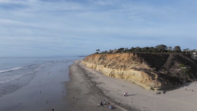 Aerial view of the beach, the surf and the ocean at Del Mar Dog Beach, with people walking.
