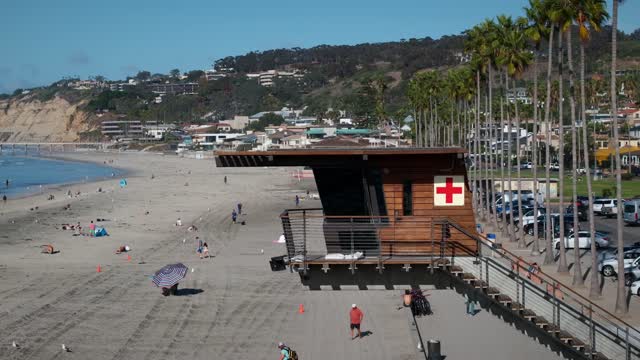 Low aerial view of the beach, palm trees and the ocean at La Jolla Shores, with people walking.