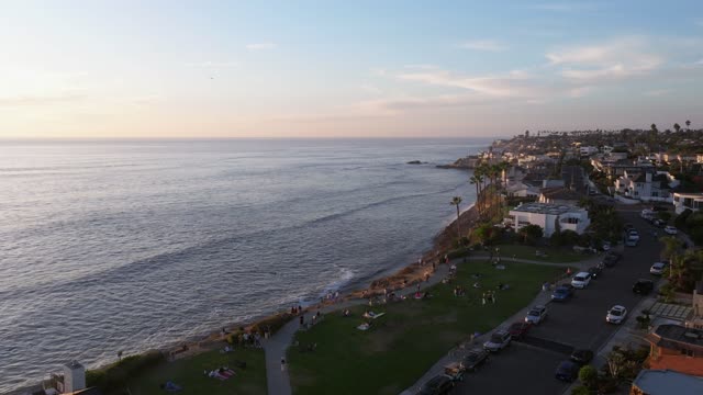 Aerial view of the cliffs, palm trees and the ocean at Bird Rock, with a crowd gathered.