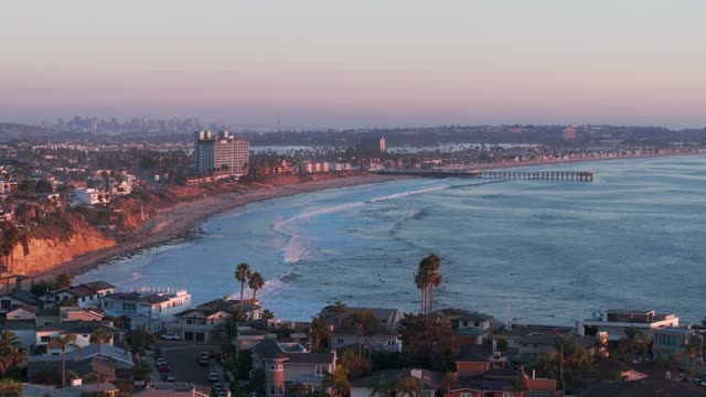 Aerial footage of surfers off the coast of Bird Rock La Jolla and Calumet Park during a beautiful sunset and twilight | Drone Video – 25