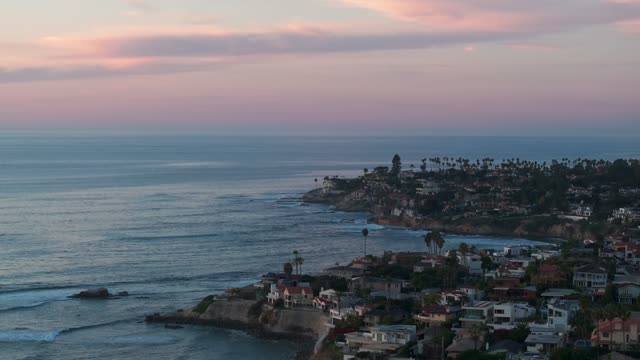 Aerial view of the cliffs, the surf and palm trees at Bird Rock.