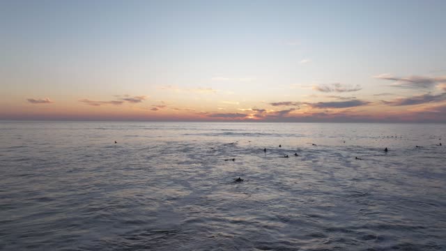 Low aerial view of the beach, the surf and the ocean at Bird Rock, with surfers out.