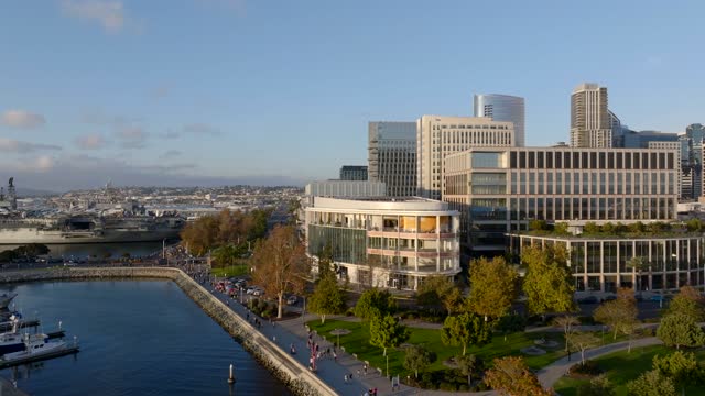 Aerial footage of RaDD Research and Development District on the Downtown San Diego Waterfront and Skyline During Sunset | Drone Video