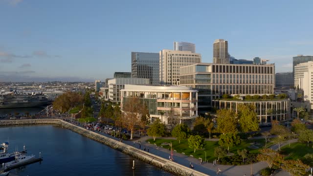Low aerial view of the downtown streets, the skyline and boats at Embarcadero, with people walking.