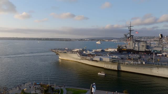 Low aerial view of the harbor, boats and the bay at Embarcadero.