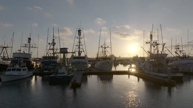 Low aerial view of the harbor, boats and the bay at Embarcadero.