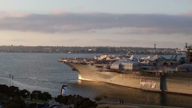 Low aerial view of the harbor, boats and the bay at Embarcadero.