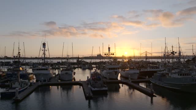 Low aerial view of the harbor, boats and the bay at Embarcadero.