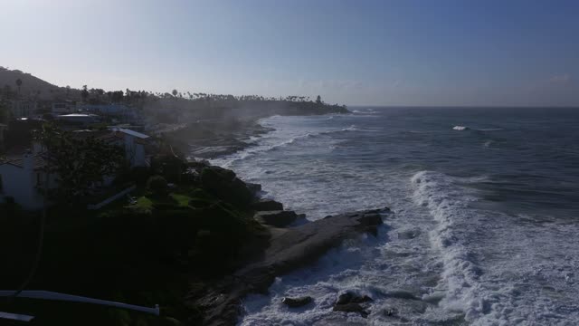 Low aerial view of the cliffs, the surf and palm trees at Beach Barber Tract.